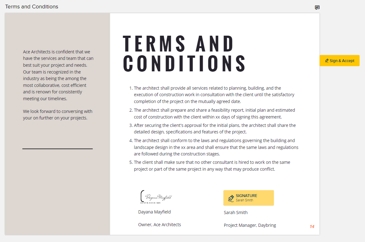 A pre-signed proposal using Proposify's architecture proposal template.