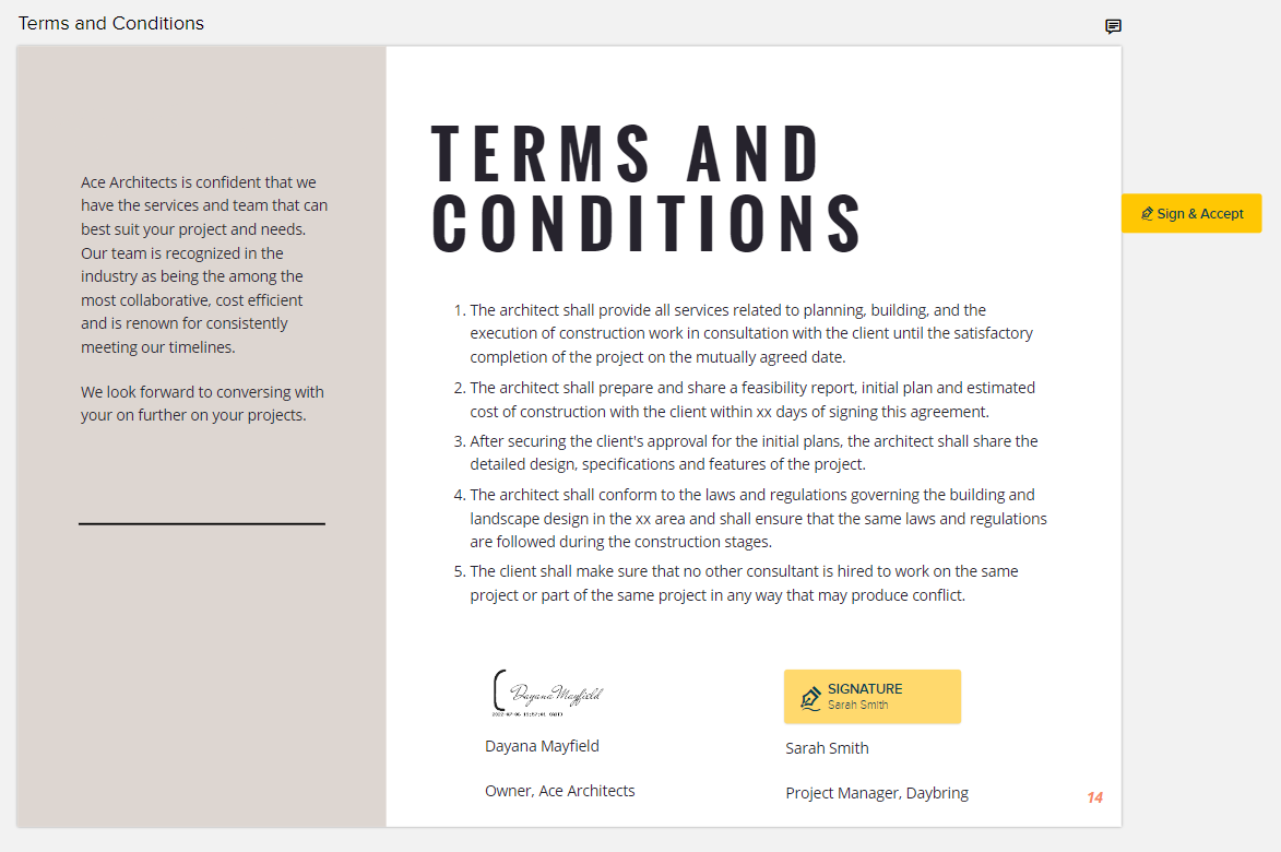 A  pre-signed proposal using Proposify's architecture proposal template.