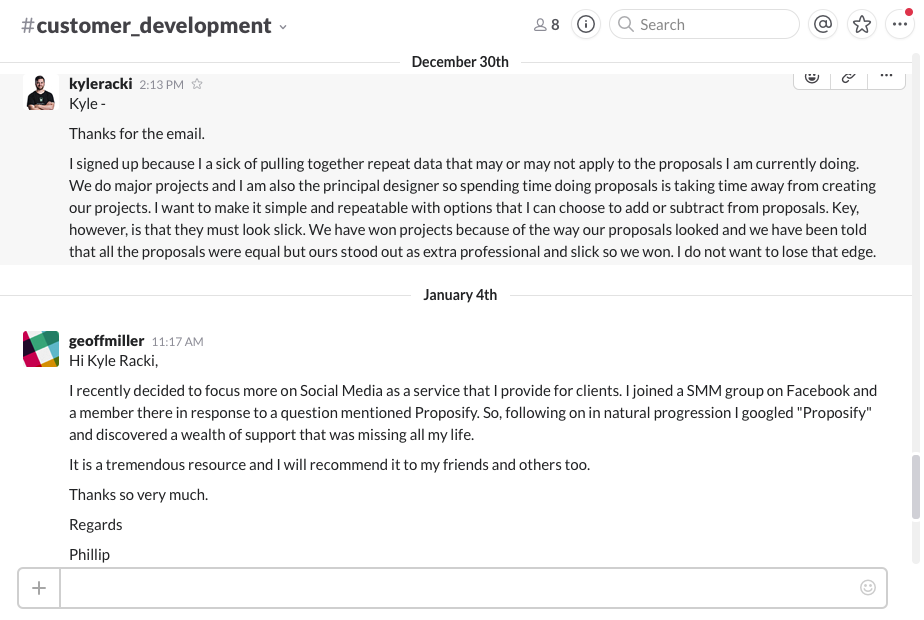 slack customer development example with IM