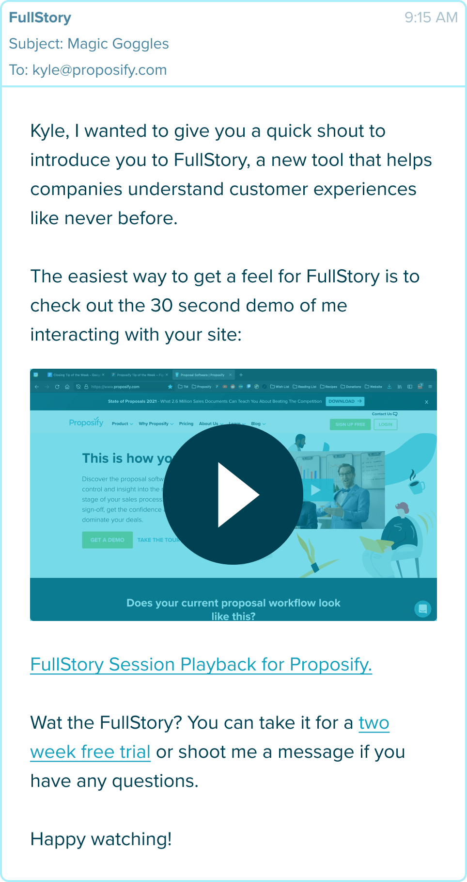 Example of a good cold email sent to Proposify