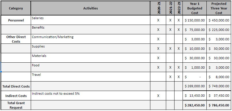 Grant proposal budget table