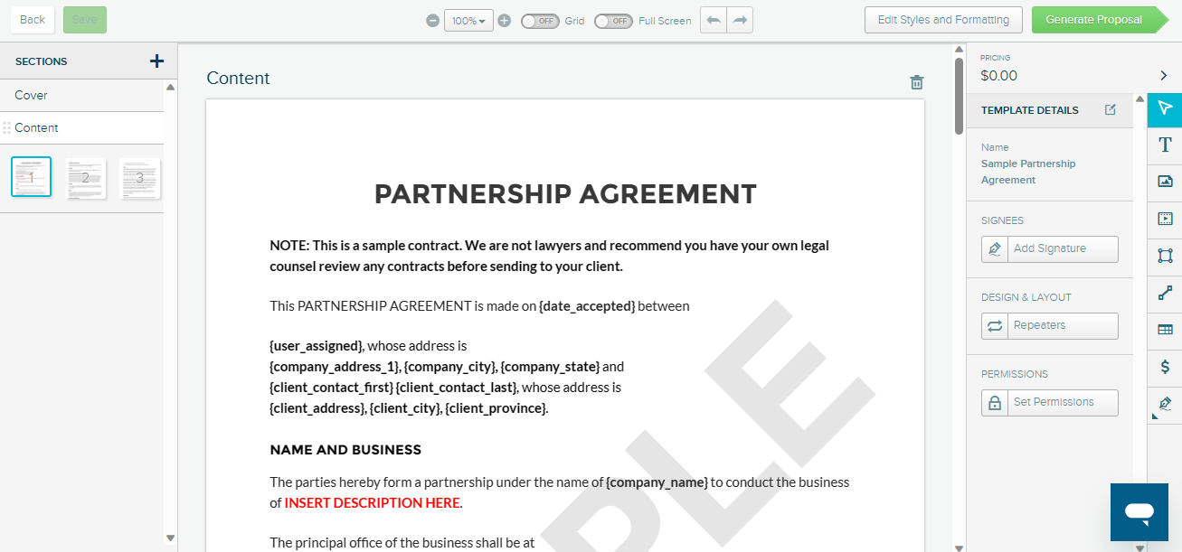 Updating proposal template for an eSignature