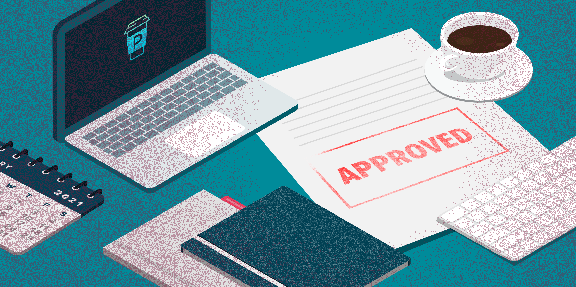 An approved sales document on a busy office desk surface in front of a computer, beside a fresh cup of coffee.